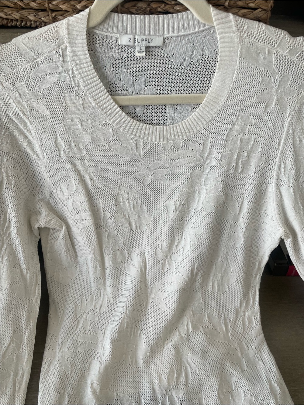 Z Supply White Floral Pointelle Crew Neck Sweater